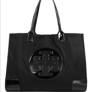 Tory Burch Ella Black Nylon Patent Logo Tote Bag